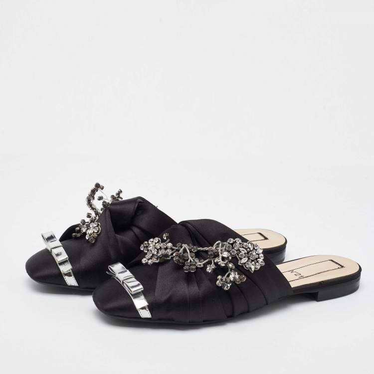 Pre Owned N°21 Black Satin Crystal Embellished Flat Mules Size 40