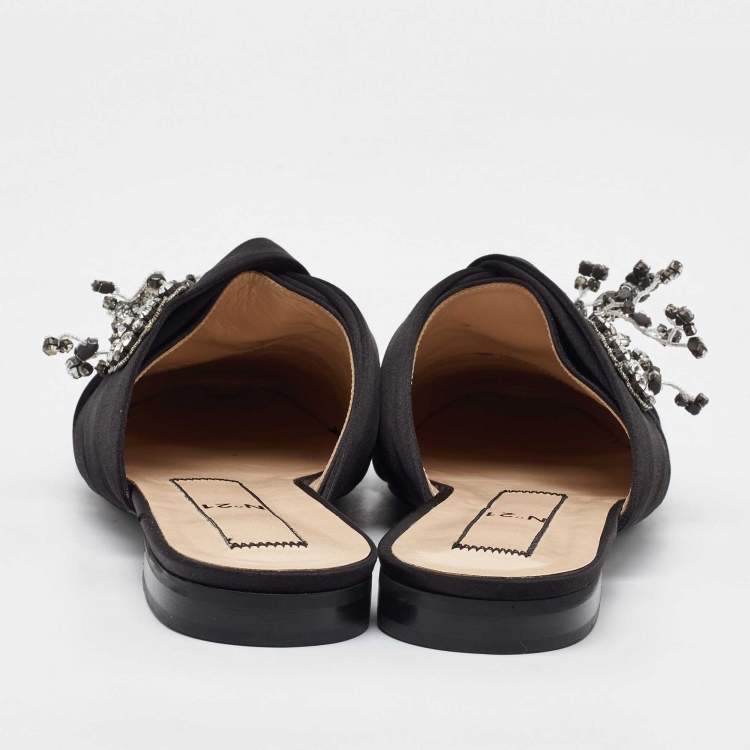 Pre Owned N°21 Black Satin Crystal Embellished Flat Mules Size 40