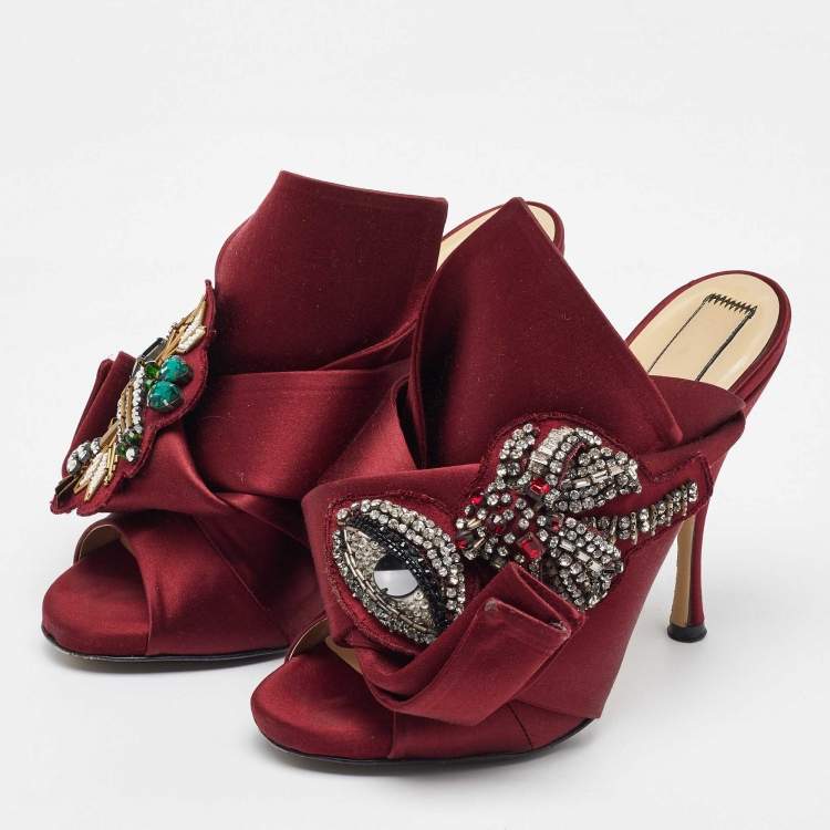 Pre Owned N21 Burgundy Satin Crystal Embellished Knot Mules Size 38