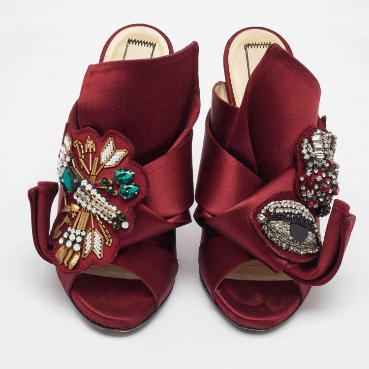 Pre Owned N21 Burgundy Satin Crystal Embellished Knot Mules Size 38