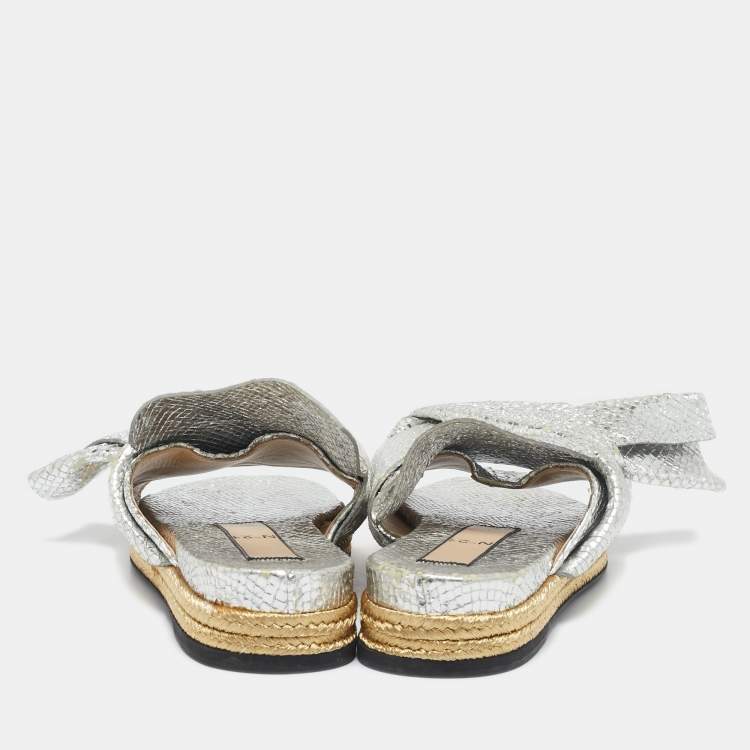 Pre Owned N°21 Silver Python Embossed Leather Knot Espadrille Flat Mules Size 39.5