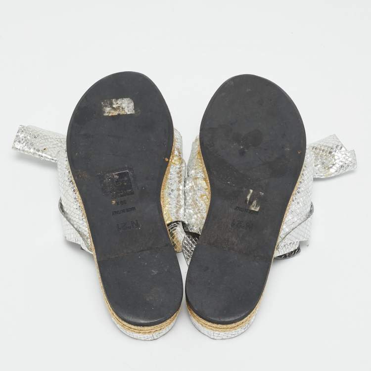 Pre Owned N°21 Silver Python Embossed Leather Knot Espadrille Flat Mules Size 39.5