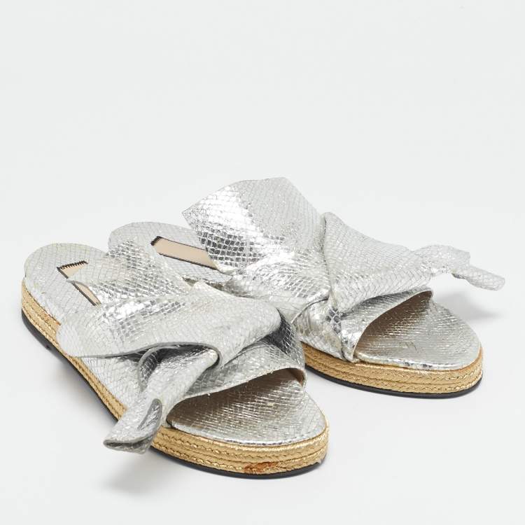 Pre Owned N°21 Silver Python Embossed Leather Knot Espadrille Flat Mules Size 39.5