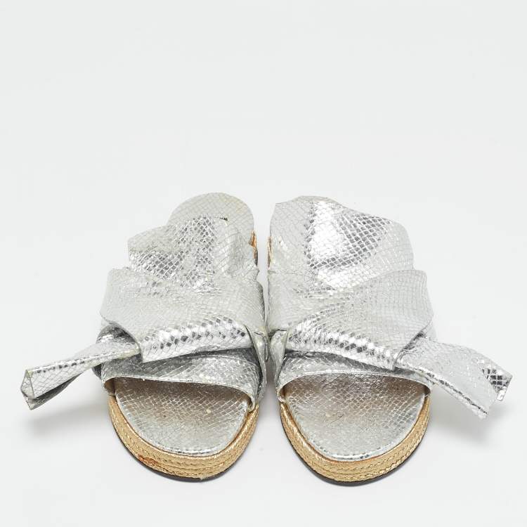 Pre Owned N°21 Silver Python Embossed Leather Knot Espadrille Flat Mules Size 39.5