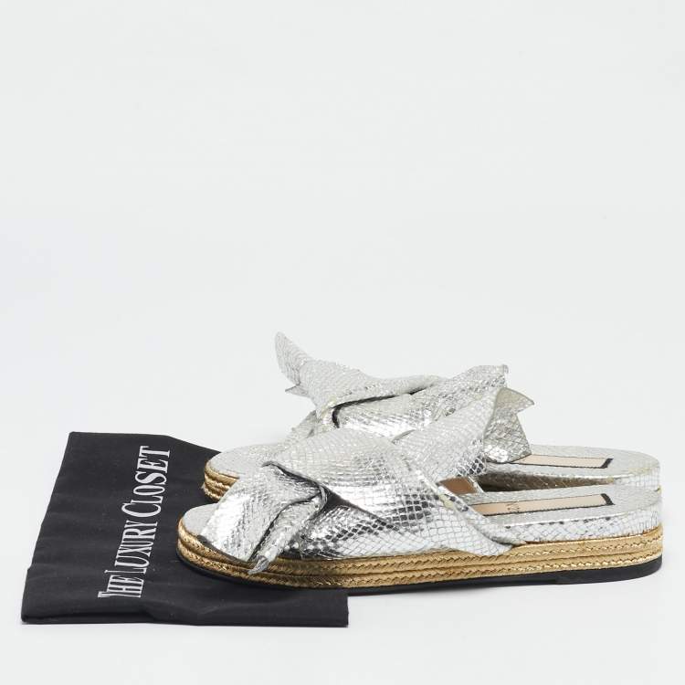 Pre Owned N°21 Silver Python Embossed Leather Knot Espadrille Flat Mules Size 39.5