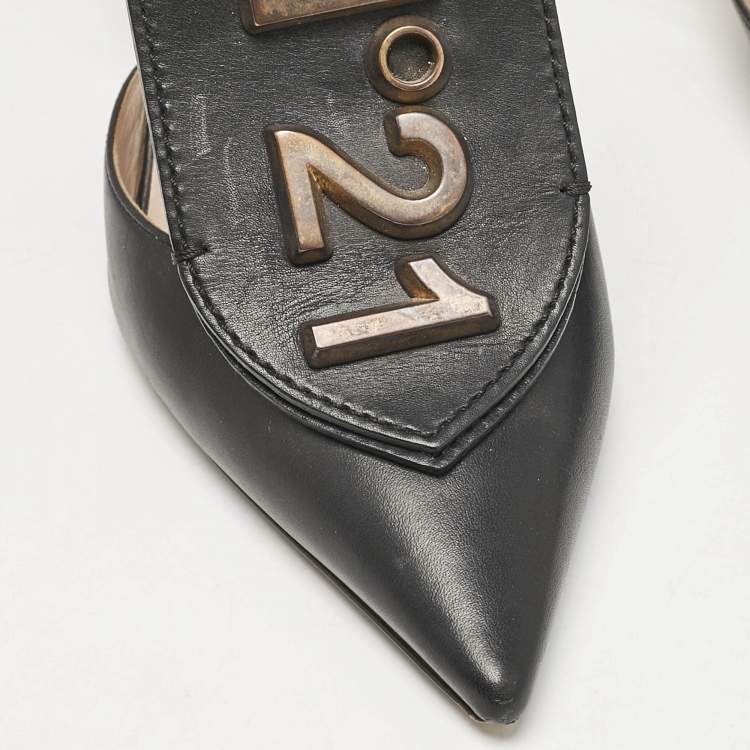 Pre Owned N21 Black Leather Logo Pointed Toe Ankle Strap Pumps Size 38