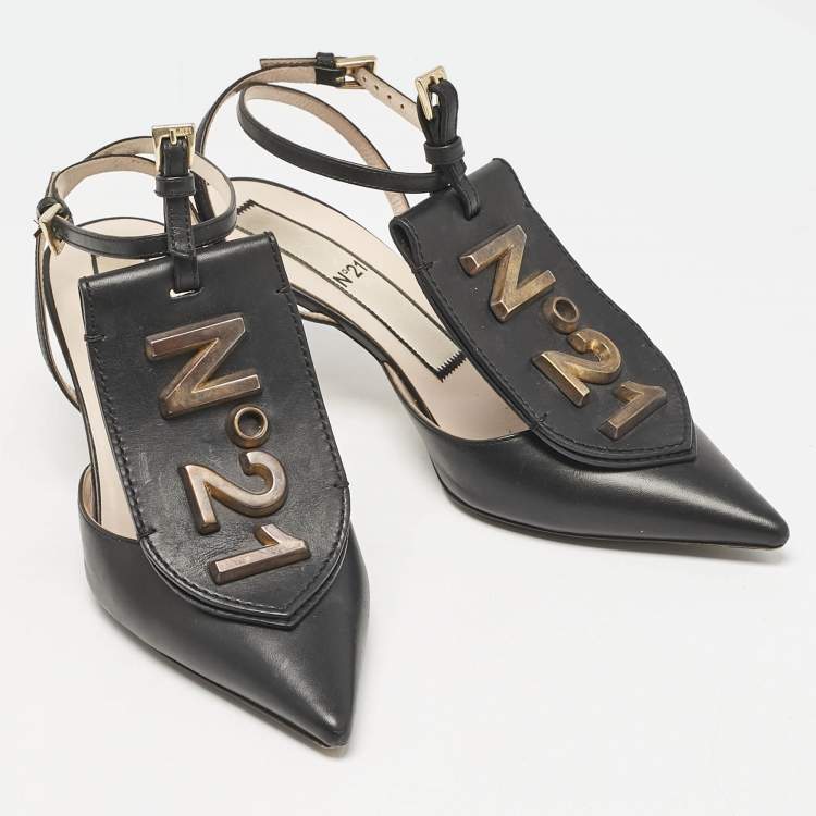 Pre Owned N21 Black Leather Logo Pointed Toe Ankle Strap Pumps Size 38