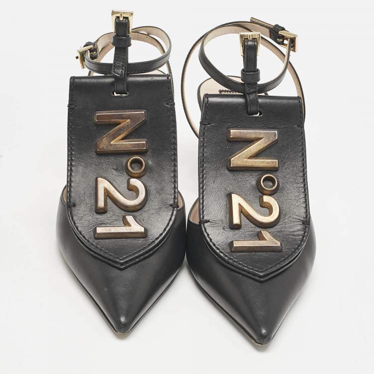 Pre Owned N21 Black Leather Logo Pointed Toe Ankle Strap Pumps Size 38