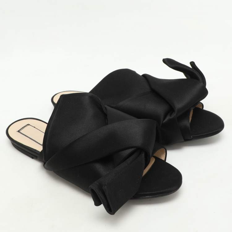 Pre Owned N°21 Black Satin Knot Flat Mules Size 38