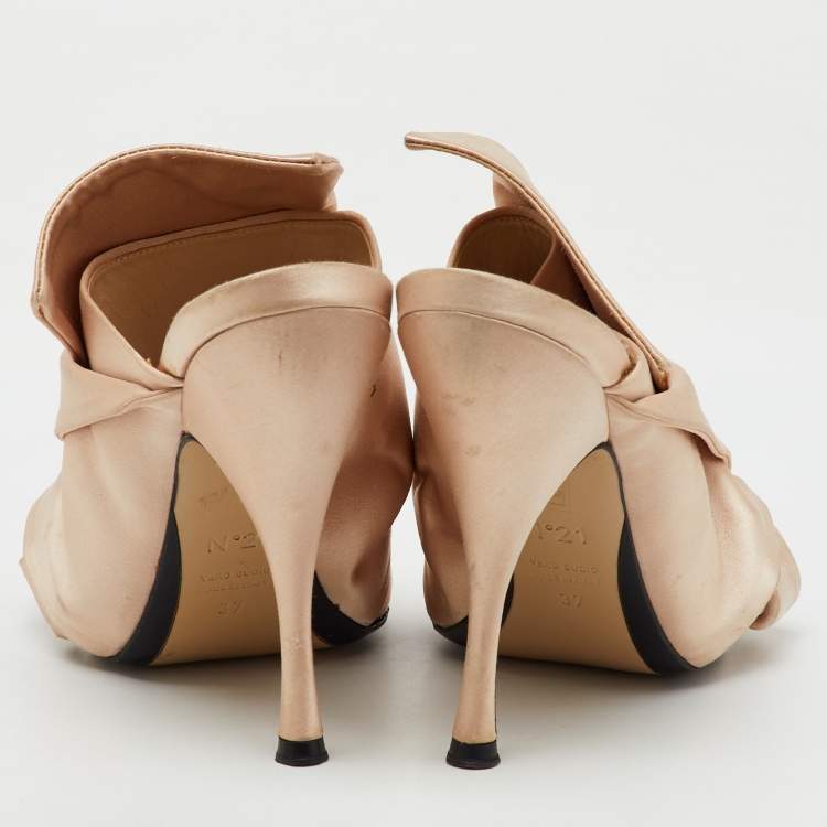 Pre Owned Nº21 Beige Satin Raso Knot Peep Toe Mules Size 37