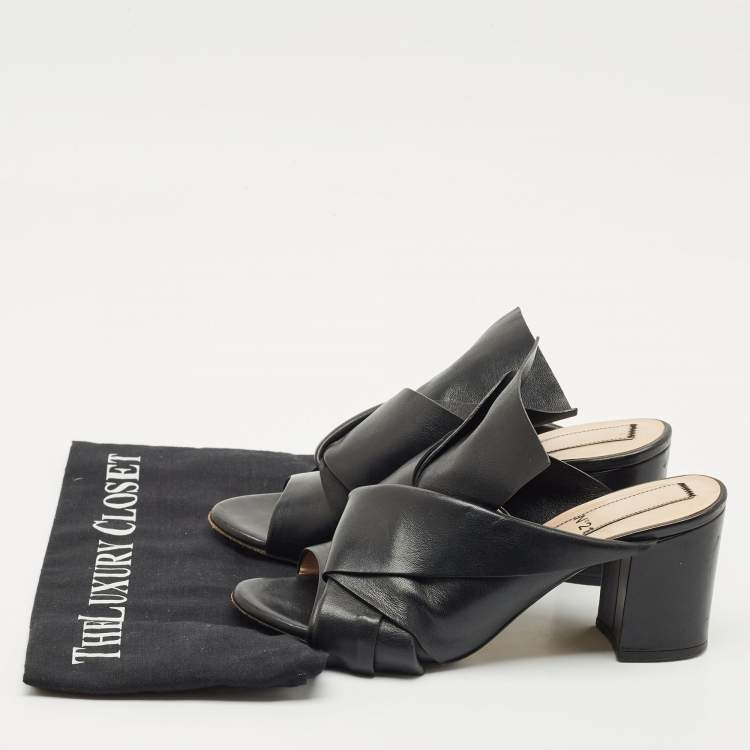 Pre Owned N21 Black Leather Knot Block Heel Slide Sandals Size 37.5