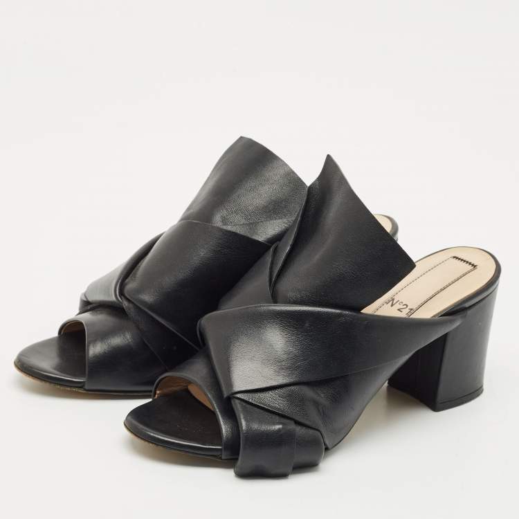 Pre Owned N21 Black Leather Knot Block Heel Slide Sandals Size 37.5