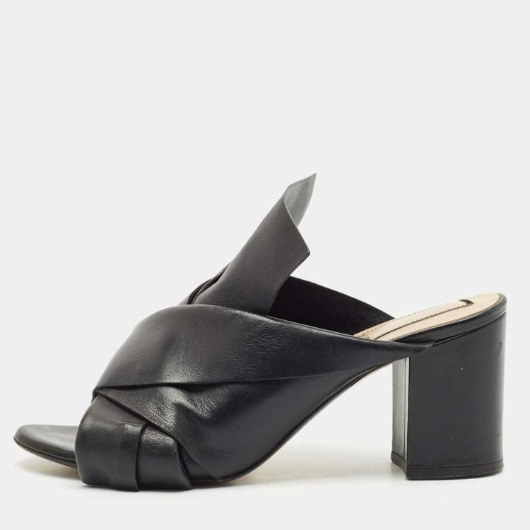 Pre Owned N21 Black Leather Knot Block Heel Slide Sandals Size 37.5