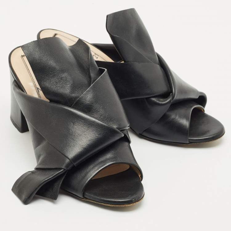 Pre Owned N21 Black Leather Knot Block Heel Slide Sandals Size 37.5