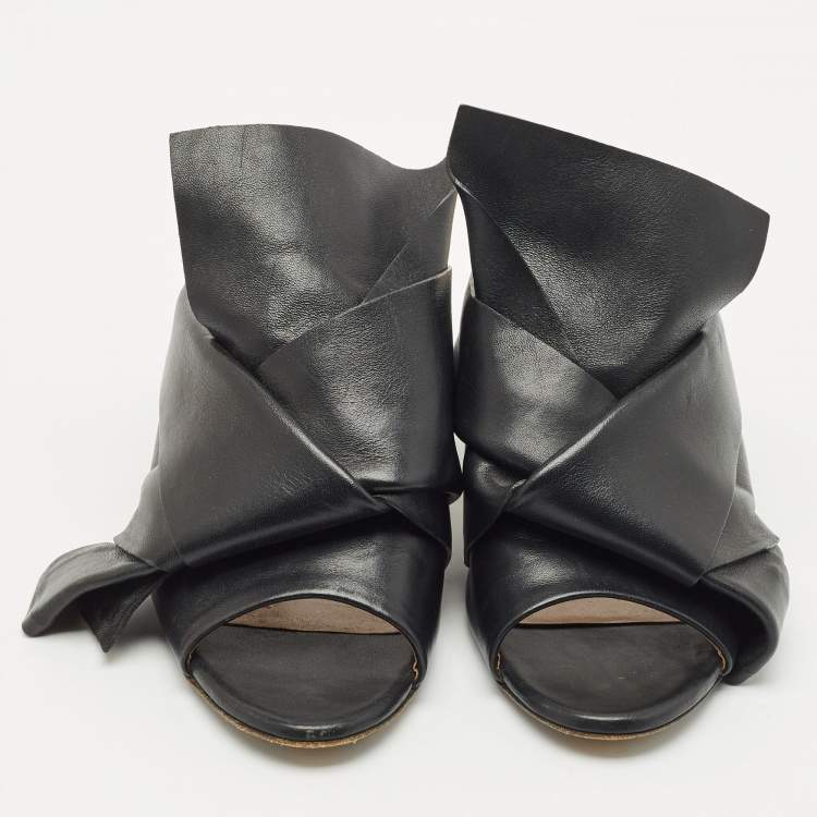 Pre Owned N21 Black Leather Knot Block Heel Slide Sandals Size 37.5