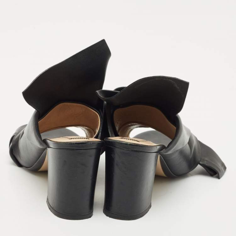 Pre Owned N21 Black Leather Knot Block Heel Slide Sandals Size 37.5
