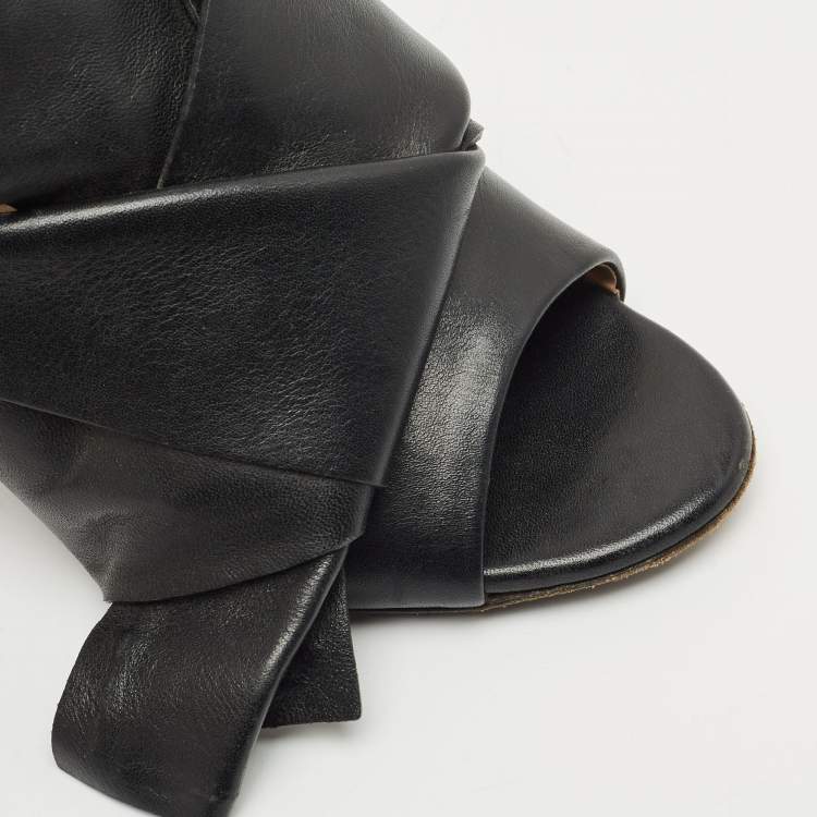 Pre Owned N21 Black Leather Knot Block Heel Slide Sandals Size 37.5