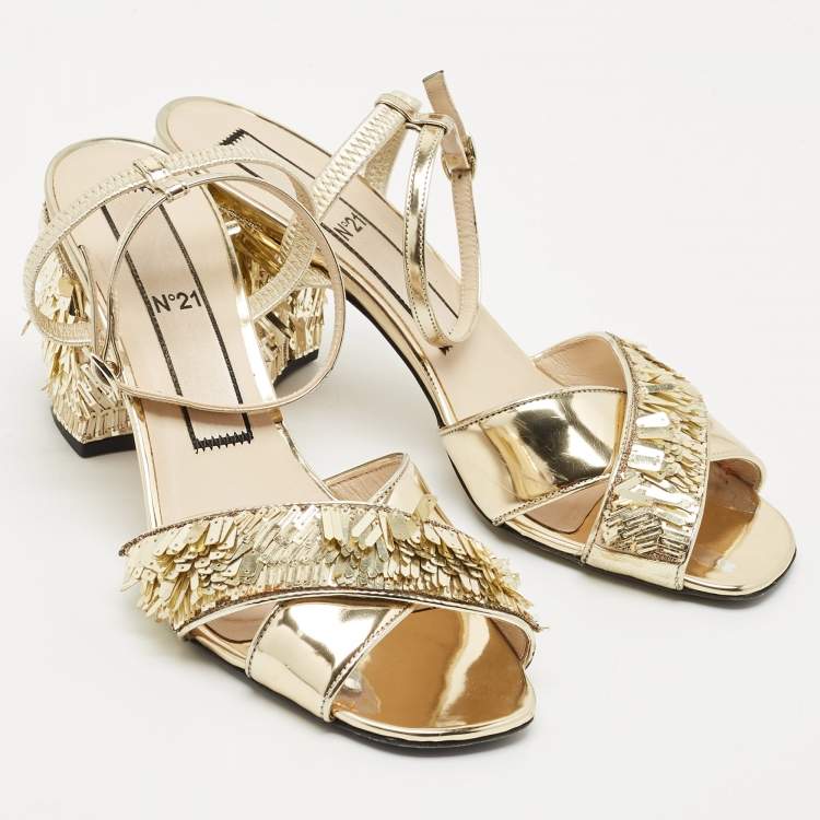 Pre Owned N°21  Gold Leather Sequinned Block Heel Ankle Strap Sandals Size 39