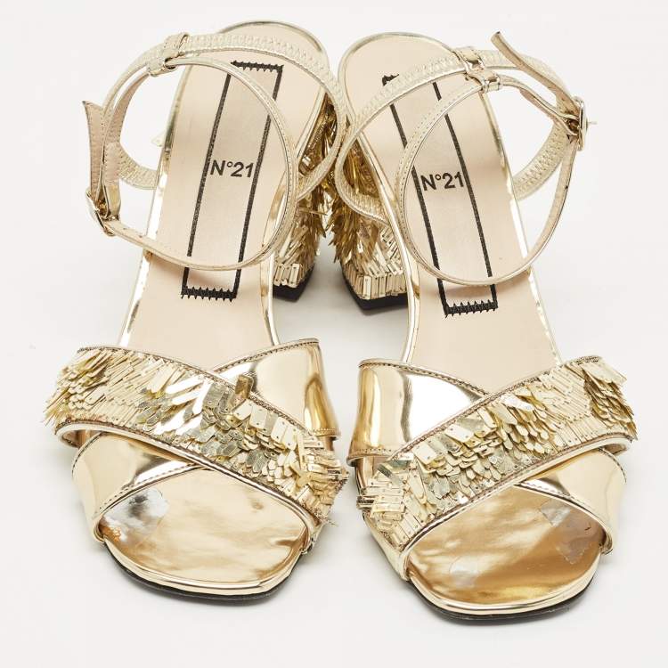 Pre Owned N°21  Gold Leather Sequinned Block Heel Ankle Strap Sandals Size 39
