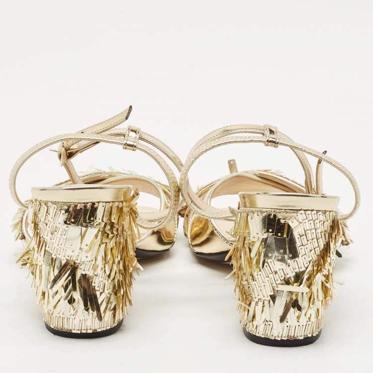 Pre Owned N°21  Gold Leather Sequinned Block Heel Ankle Strap Sandals Size 39