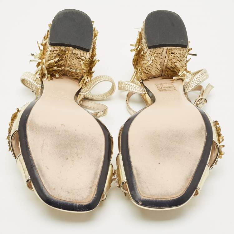 Pre Owned N°21  Gold Leather Sequinned Block Heel Ankle Strap Sandals Size 39