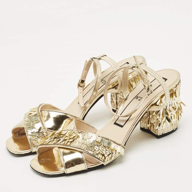 Pre Owned N°21  Gold Leather Sequinned Block Heel Ankle Strap Sandals Size 39