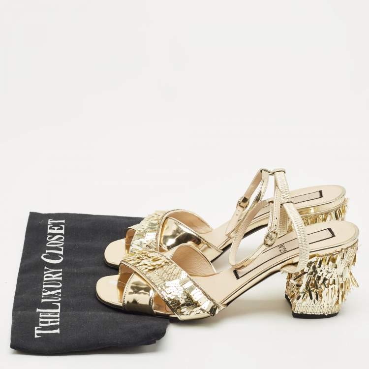 Pre Owned N°21  Gold Leather Sequinned Block Heel Ankle Strap Sandals Size 39