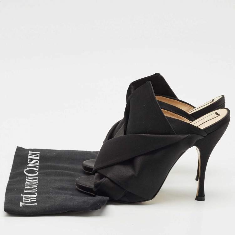 Pre Owned Nº21 Black Satin Raso Knot Peep Toe Mules Size 38.5