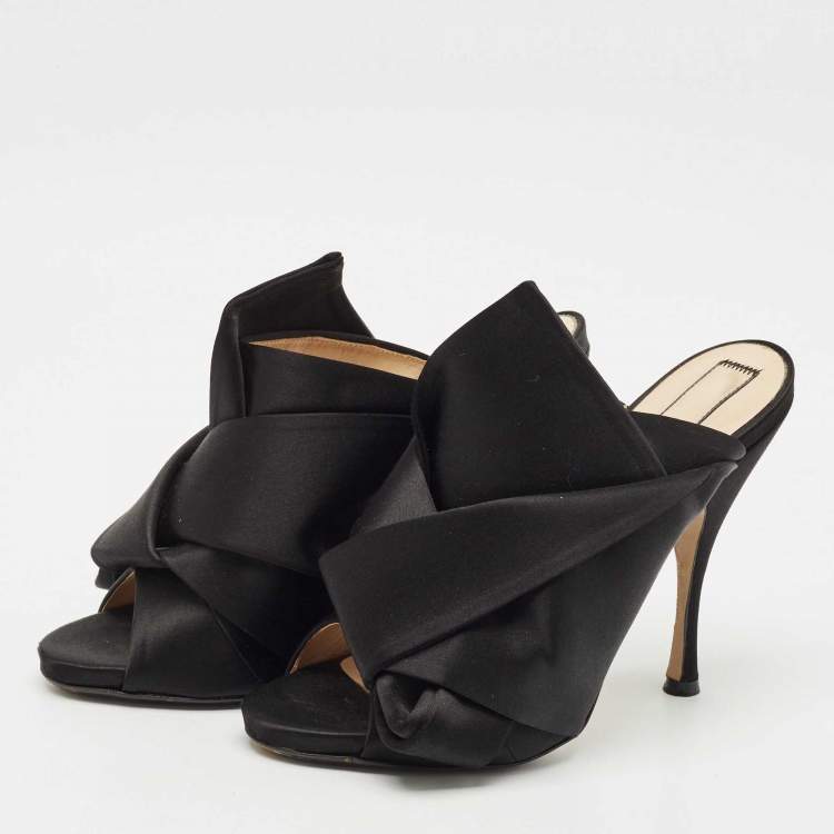 Pre Owned Nº21 Black Satin Raso Knot Peep Toe Mules Size 38.5