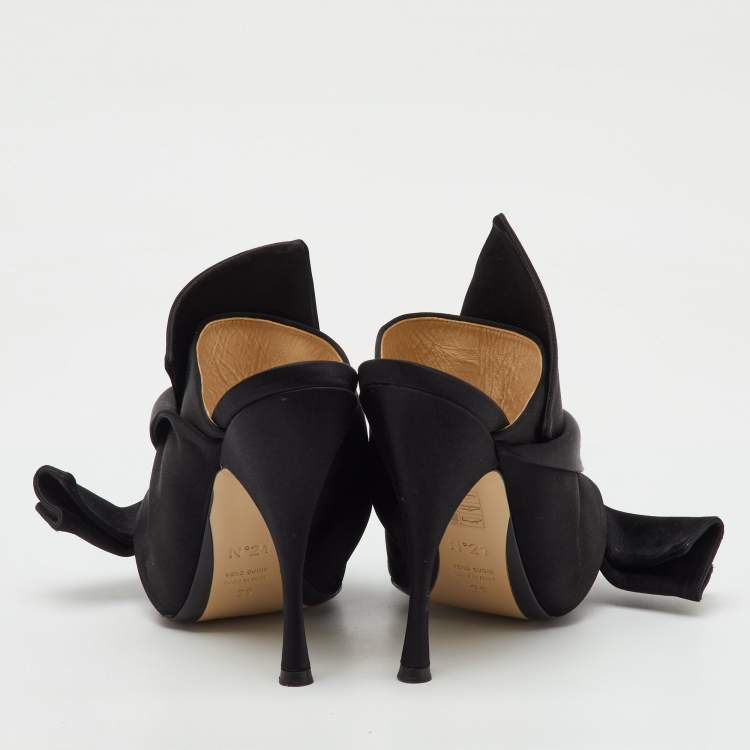 Pre Owned N21 Black Satin Raso Knot Peep Toe Mules Size 39