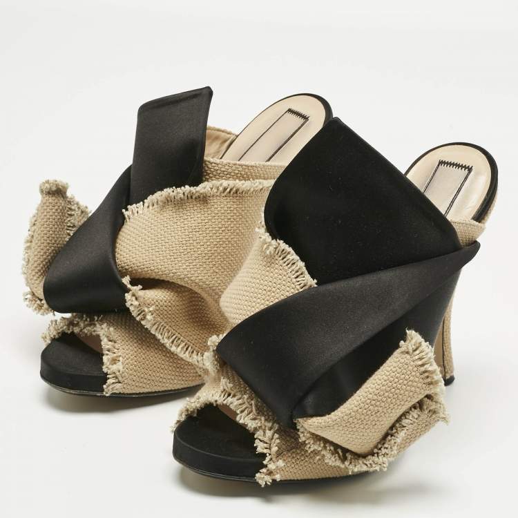 Pre Owned N21 Beige/Black Canvas and Satin Raso Knot Mules Size 39