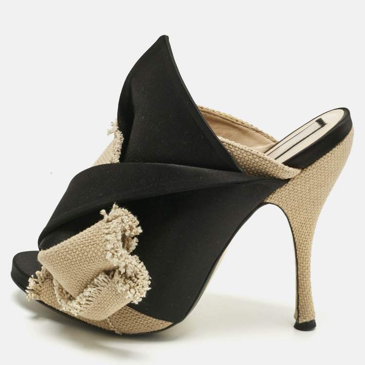 Pre Owned N21 Beige/Black Canvas and Satin Raso Knot Mules Size 39