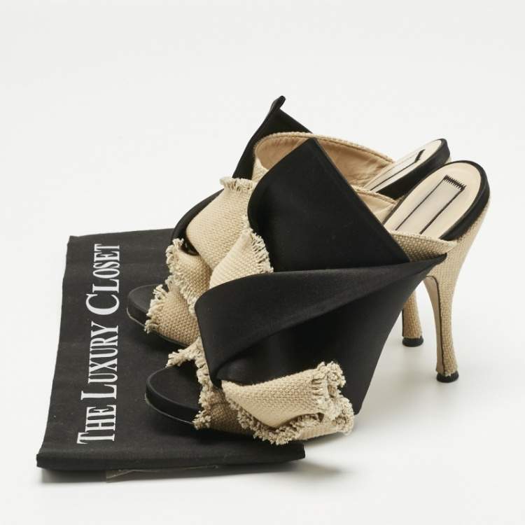 Pre Owned N21 Beige/Black Canvas and Satin Raso Knot Mules Size 39