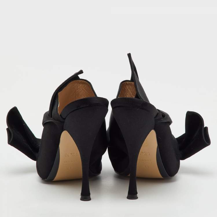 Pre Owned Nº21 Black Satin Raso Knot Peep Toe Slide Mules Size 41