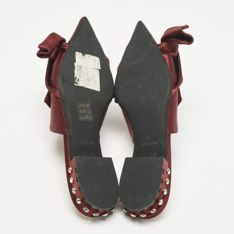 Pre Owned N21 Burgundy Satin Knot Flat Mules Size 37