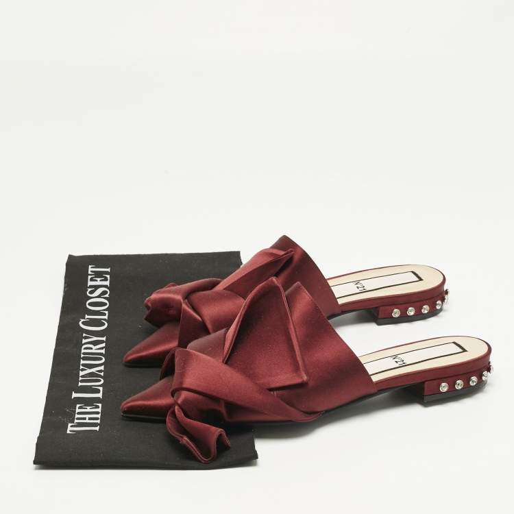 Pre Owned N21 Burgundy Satin Knot Flat Mules Size 37