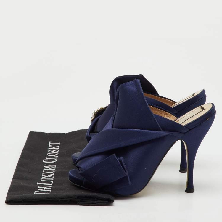 Pre Owned N°21 Navy Blue Satin Crystal Embellishment Raso Knot Mules Size 36