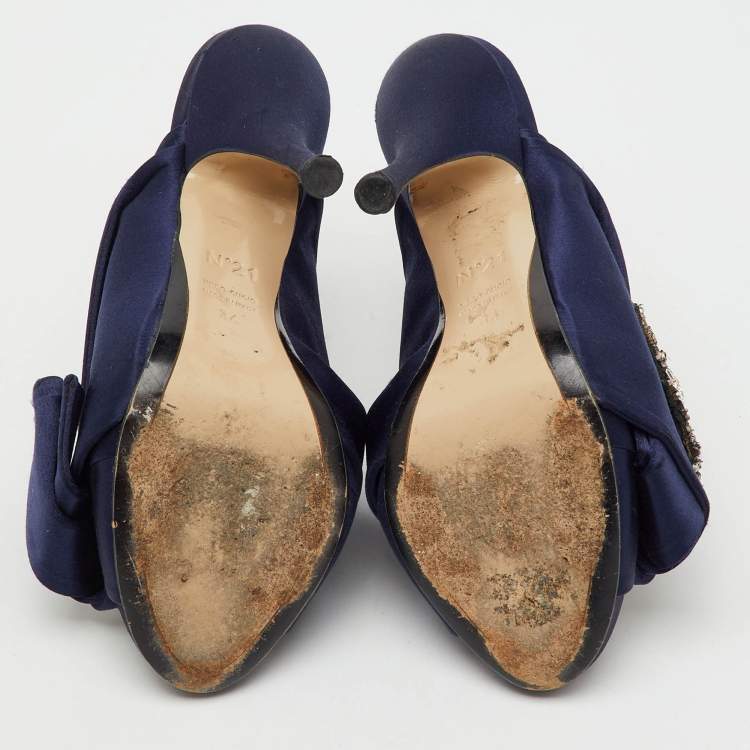 Pre Owned N°21 Navy Blue Satin Crystal Embellishment Raso Knot Mules Size 36