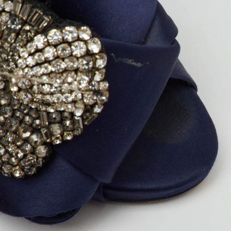 Pre Owned N°21 Navy Blue Satin Crystal Embellishment Raso Knot Mules Size 36