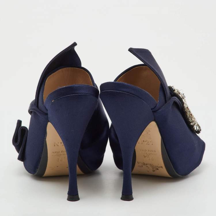 Pre Owned N°21 Navy Blue Satin Crystal Embellishment Raso Knot Mules Size 36