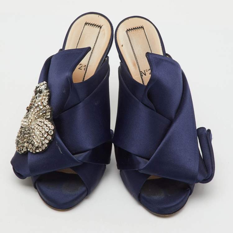 Pre Owned N°21 Navy Blue Satin Crystal Embellishment Raso Knot Mules Size 36