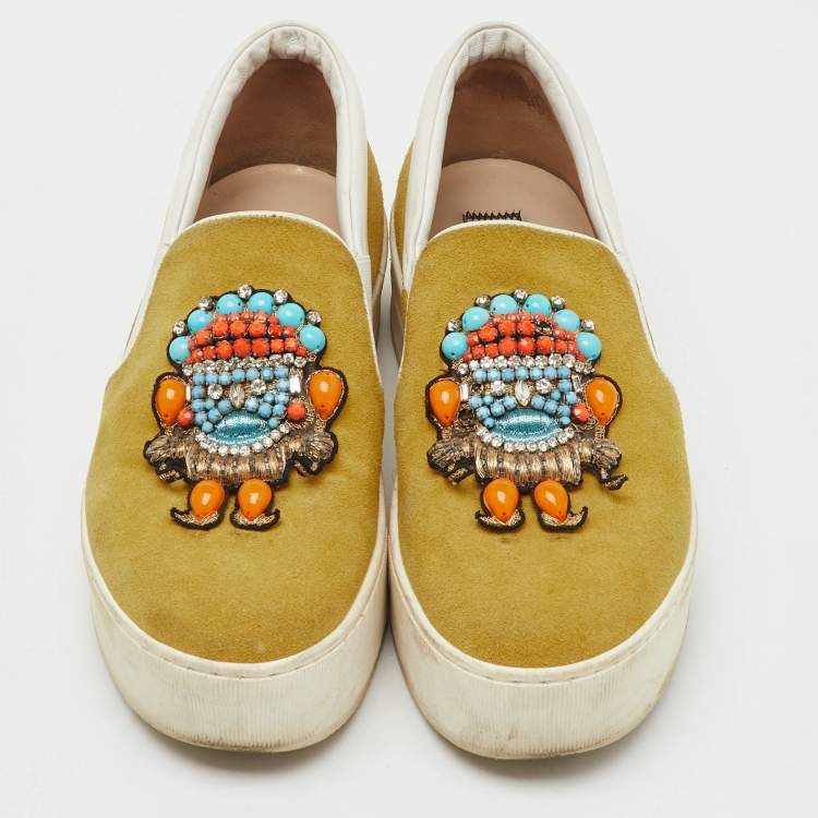 Pre Owned N°21 Yellow Suede Embellished Platform Slip On Sneakers Size 36