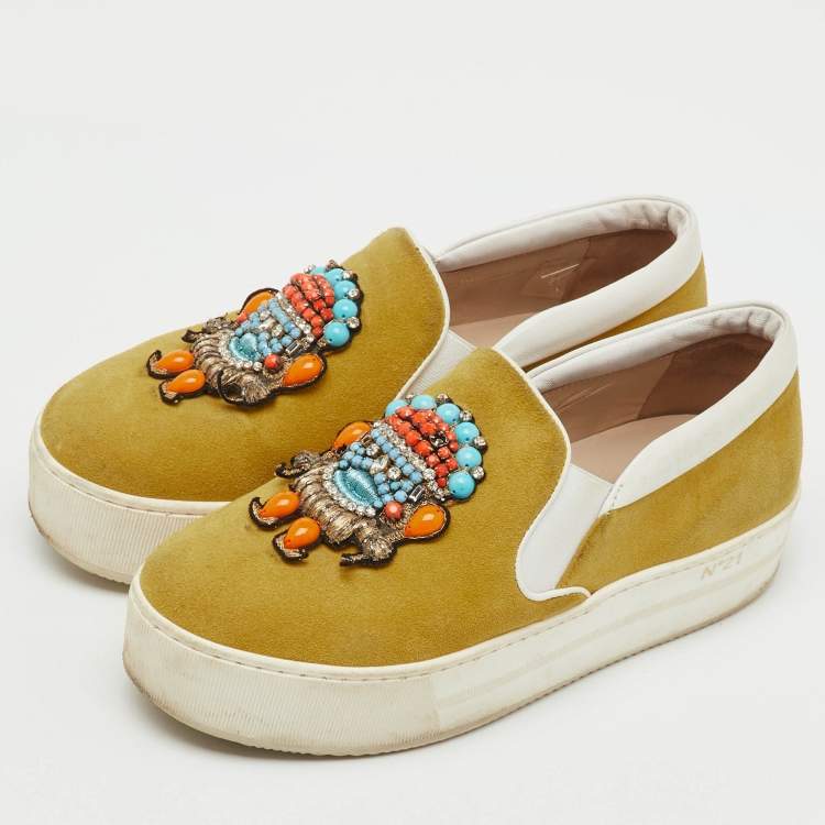 Pre Owned N°21 Yellow Suede Embellished Platform Slip On Sneakers Size 36
