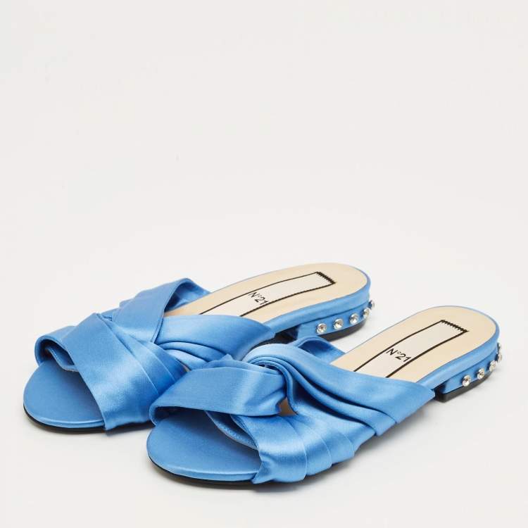 Pre Owned Nº21 Blue Satin Knot Flat Slides Size 37