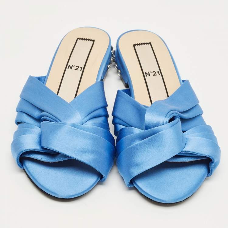 Pre Owned Nº21 Blue Satin Knot Flat Slides Size 37