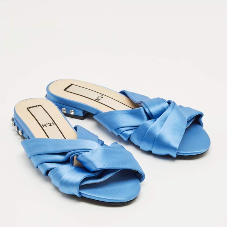 Pre Owned Nº21 Blue Satin Knot Flat Slides Size 37