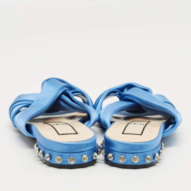 Pre Owned Nº21 Blue Satin Knot Flat Slides Size 37