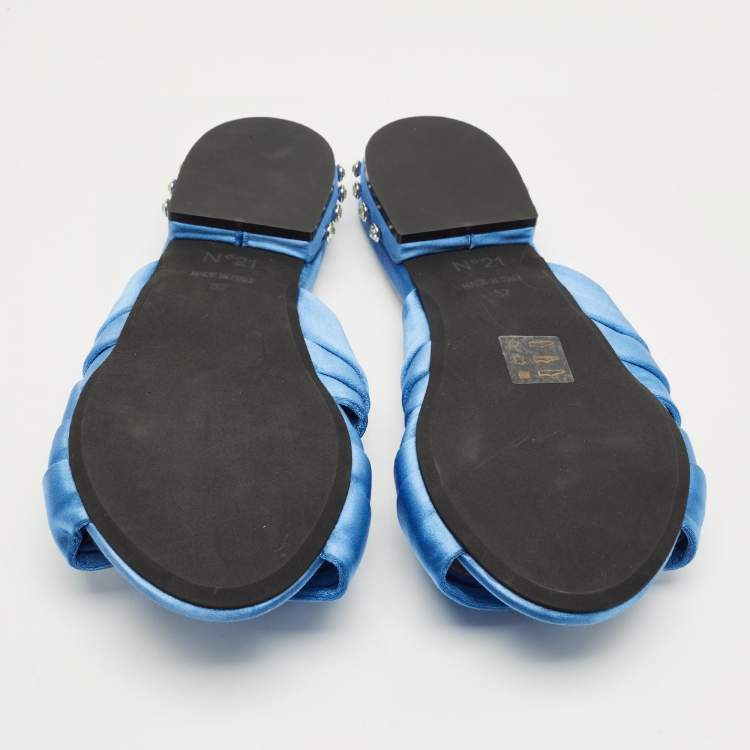 Pre Owned Nº21 Blue Satin Knot Flat Slides Size 37