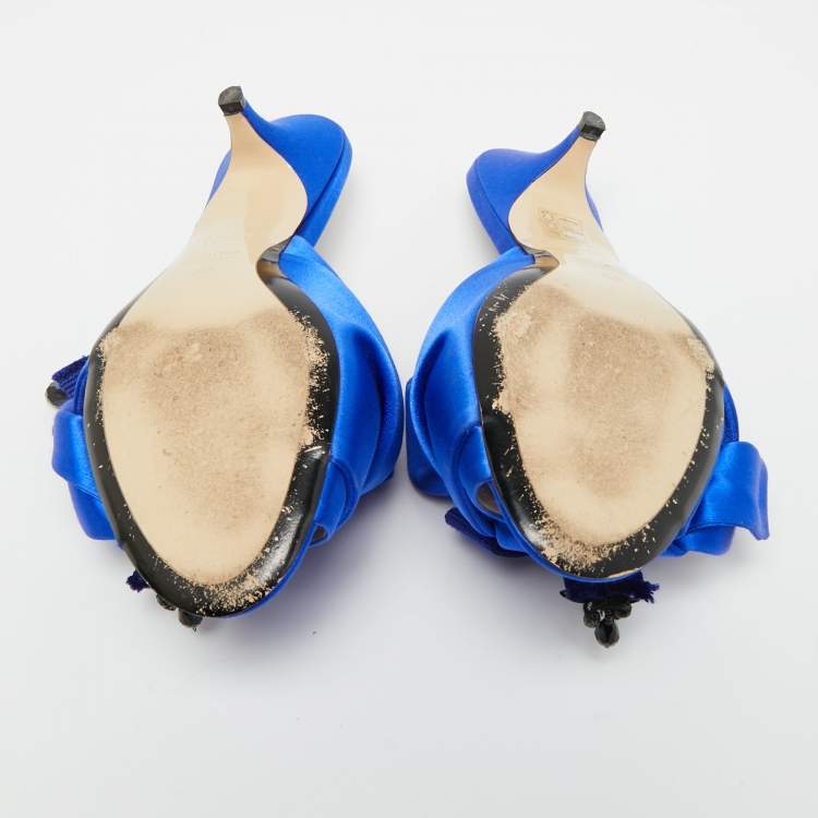 Pre Owned N21 Bow Size 38 Blue Satin Kitten Heel Slide Sandals