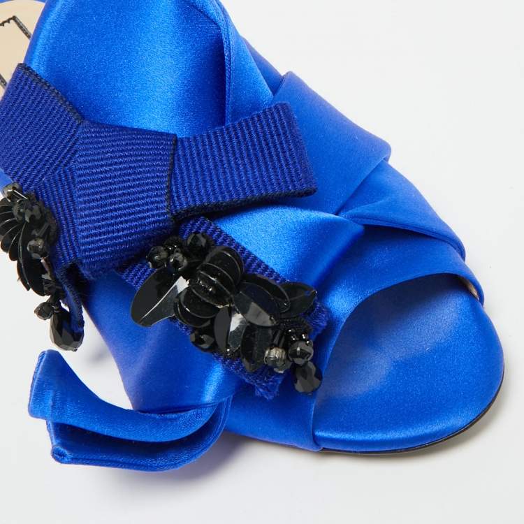 Pre Owned N21 Bow Size 38 Blue Satin Kitten Heel Slide Sandals